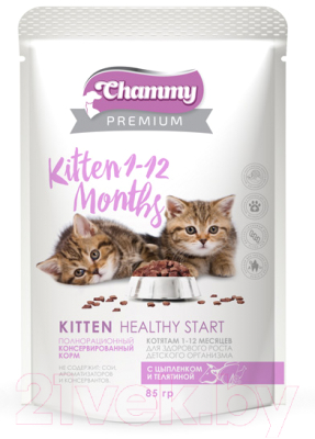 Влажный корм для кошек Chammy Premium Kitten 1-12 Months с цыпленком и телятиной (85г)