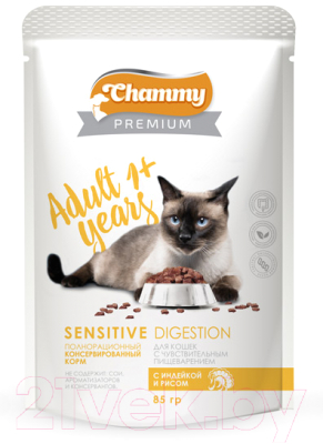Влажный корм для кошек Chammy Premium Sensitive Digestion с индейкой и рисом (85г)