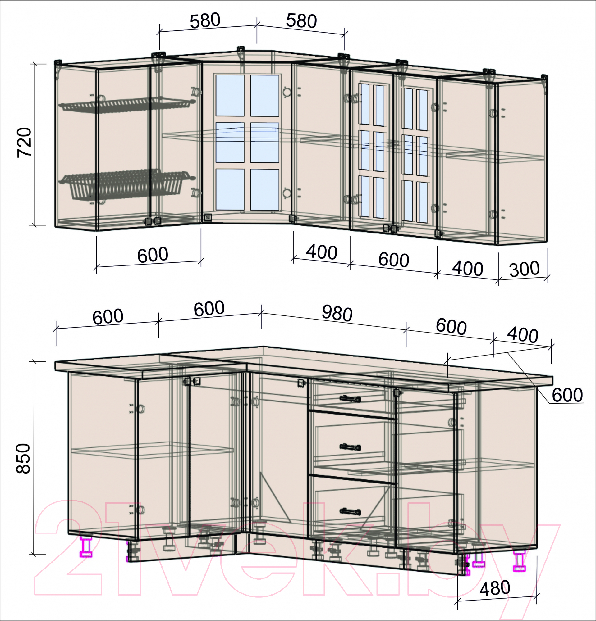 Готовая кухня Интерлиния Мила Деко 1.2x2.0 (белый/луна/травертин серый)