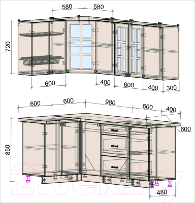 Готовая кухня Интерлиния Мила Деко 1.2x2.0 (луна/травертин серый)