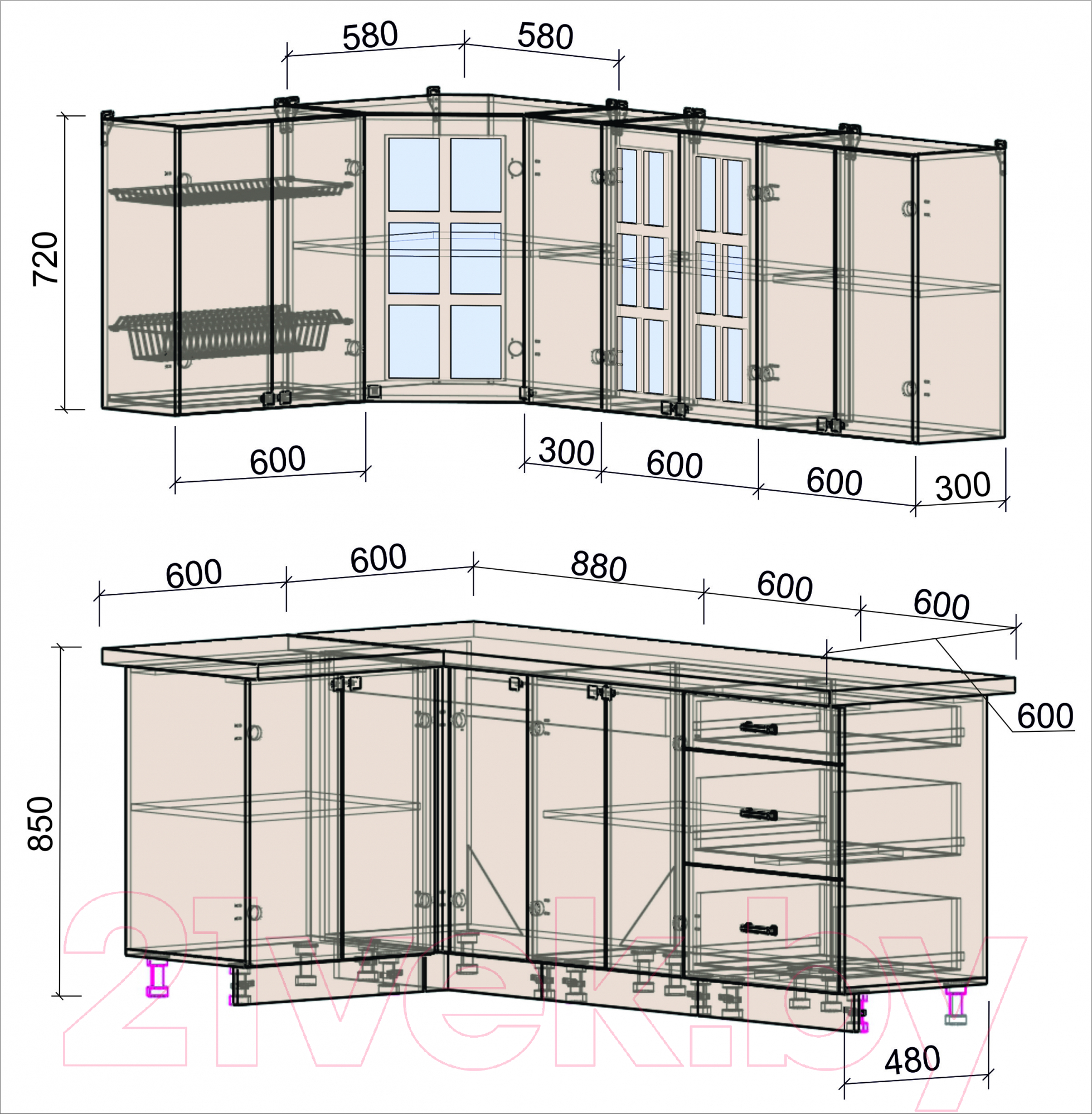 Готовая кухня Интерлиния Мила Деко 1.2x2.1 (белый/луна/травертин серый)