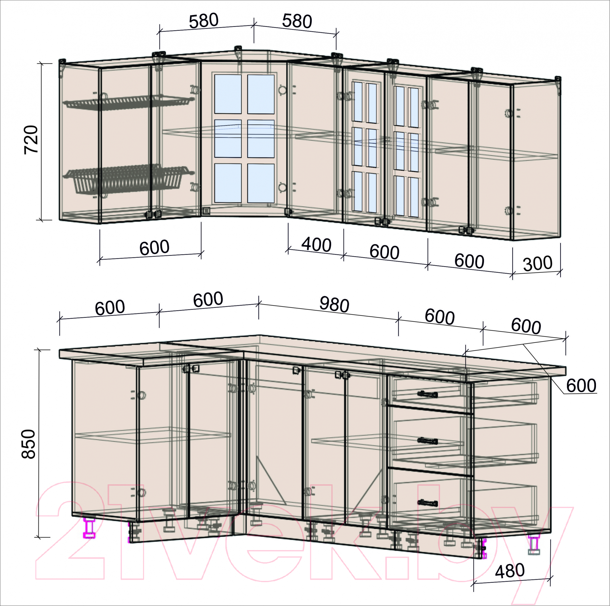 Готовая кухня Интерлиния Мила Деко 1.2x2.2 (луна/травертин серый)