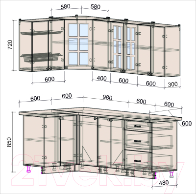 Готовая кухня Интерлиния Мила Деко 1.2x2.2 (белый/кастилло темный)