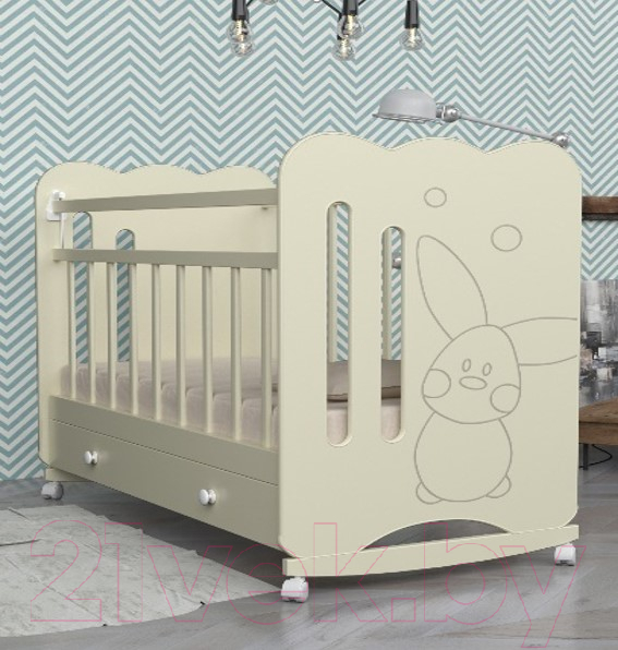 Детская кроватка VDK Sweet Rabbit колесо-качалка и ящик (слоновая кость) — фото 2