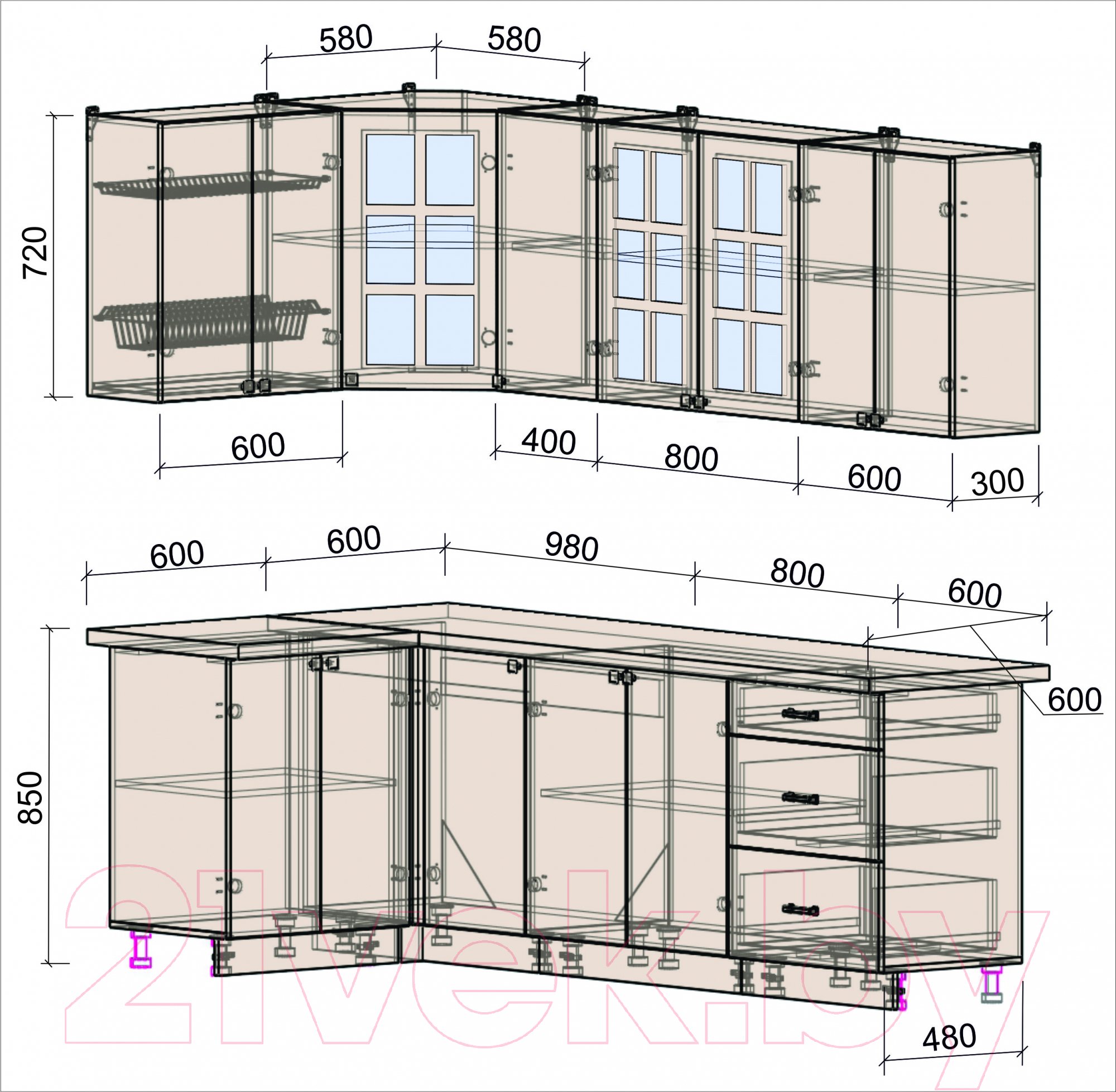 Готовая кухня Интерлиния Мила Деко 1.2x2.4 (луна/травертин серый)