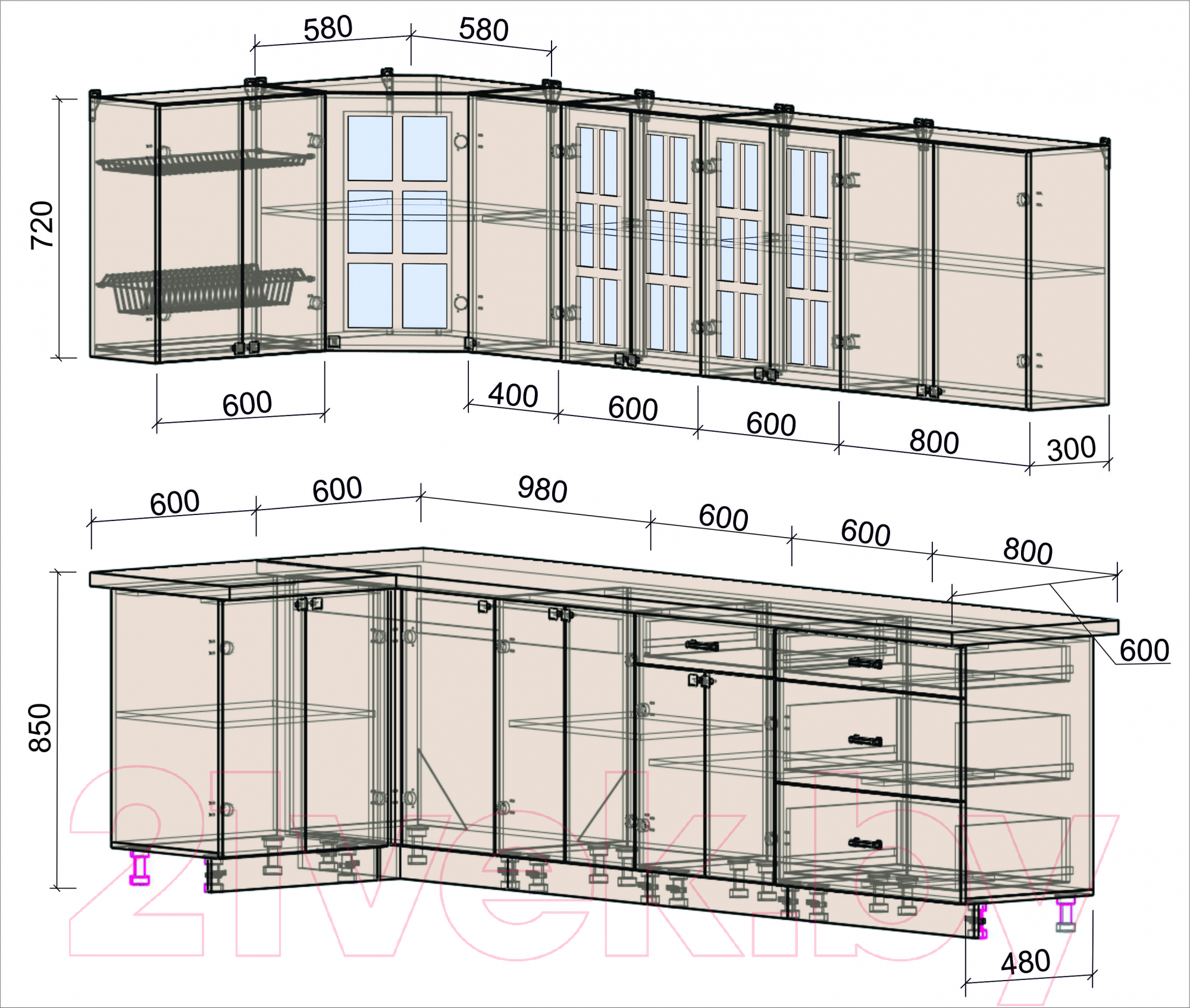 Готовая кухня Интерлиния Мила Деко 1.2x3.0 (белый/луна/травертин серый)