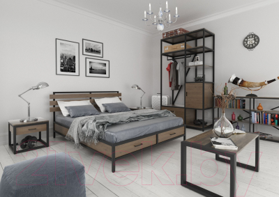 Двуспальная кровать Millwood Neo Loft КМ-1.6 Л (дуб табачный Craft/металл черный) - Фото кровати другого цвета в интерьере