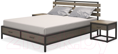 Двуспальная кровать Millwood Neo Loft КМ-1.6 Л (дуб белый Craft/металл черный) - Фото кровати другого цвета с прикроватными тумбами