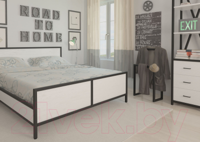 Двуспальная кровать Millwood Neo Loft КМ-2.6 Л (дуб белый Craft/металл черный)
