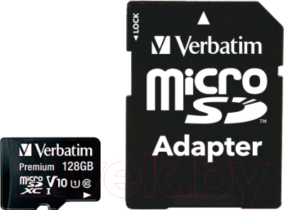 

Карта памяти Verbatim, microSDXC 128GB UHS-1 Class 10 + SD адаптер (44085)