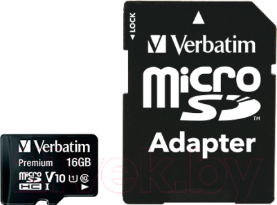 

Карта памяти Verbatim, microSDHC 16GB UHS-1 Class 10 + SD адаптер (44082)