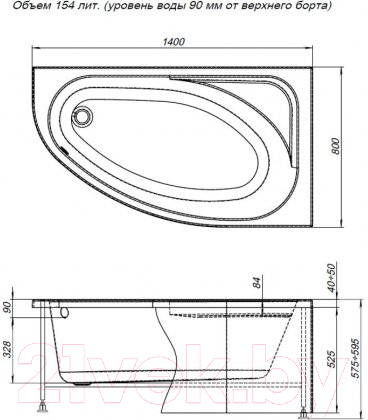 Ванна акриловая Aquanet Mia 140x80 R