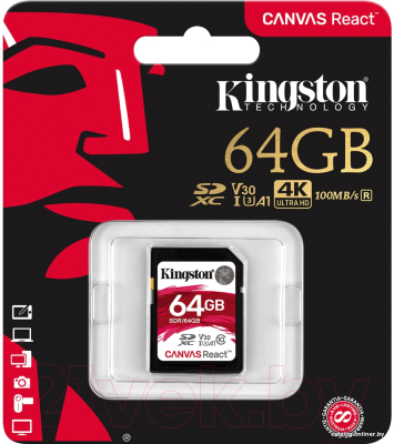 Карта памяти Kingston Canvas React SDXC (Class 10) UHS-I 64Gb (SDR/64GB)