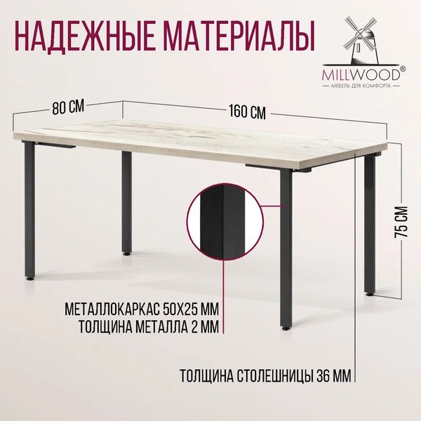 Купить Обеденный стол Millwood Лофт Прага Л 160x80x75 в Слуцке