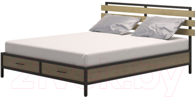 Двуспальная кровать Millwood Neo Loft КМ-1.6 Ш 207x182x94 (дуб натуральный/металл черный)
