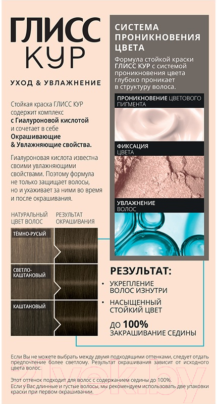 Крем-краска для волос Глисс Кур Уход и увлажнение c гиалуроновой кислотой 6-0 (светло-каштановый) — фото 2