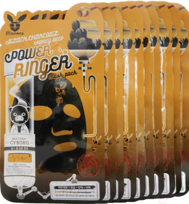 Набор масок для лица Elizavecca Black Charcoal Honey Deep Power Ringer Mask Pack тканевые (10шт)