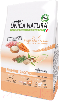 Сухой корм для кошек Gheda Petfood Unica Natura Indoor курица, рис, морковь (1.5кг)