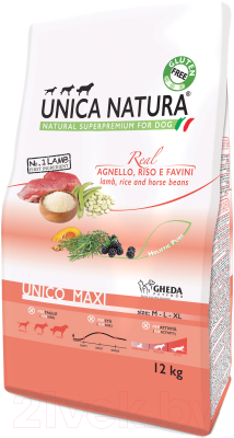 

Корм для собак Gheda Petfood, Unica Natura Maxi ягненок, рис, бобы