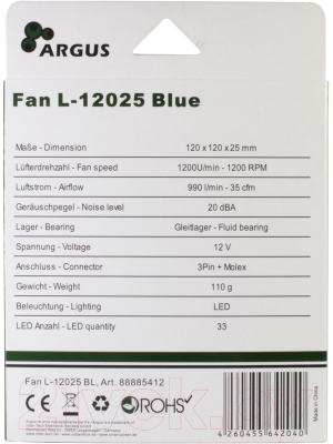Вентилятор для корпуса Inter-Tech Argus L-12025 BL LED 120mm (синий)