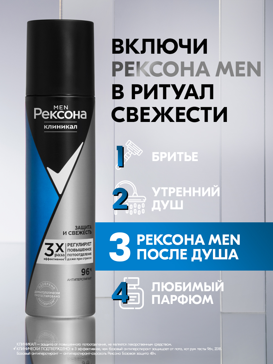 Антиперспирант-спрей Рексона Men Clinical Protection защита и свежесть (150мл) — фото 4