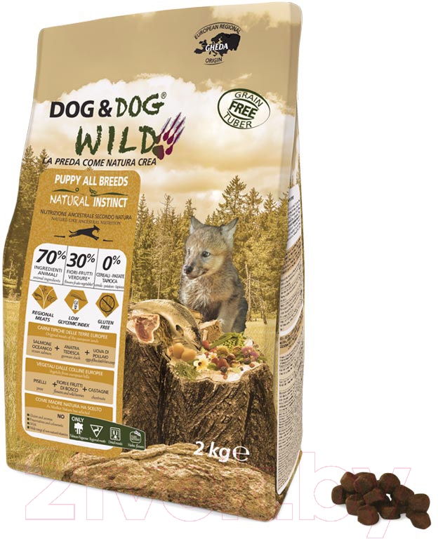 Сухой корм для собак Gheda Petfood Dog&Dog Wild Natural Instinct Puppy со свининой, уткой и лососем (12кг) — фото 2