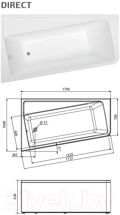 Ванна акриловая 1Марка Direct 170x100 L