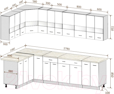 Готовая кухня Кортекс-мебель Корнелия Экстра 1.5x2.8м (белый/береза/мадрид)