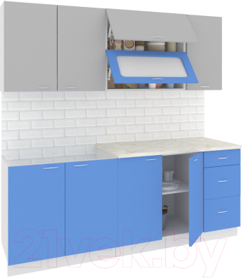 Готовая кухня Кортекс-мебель Корнелия Мара 2.0м (серый/синий/мадрид)