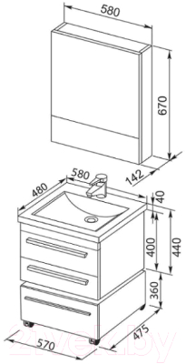 Комплект мебели для ванной Aquanet Нота 58 / 165376