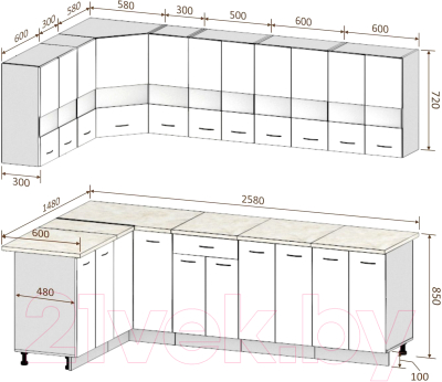 Готовая кухня Кортекс-мебель Корнелия Экстра 1.5x2.6м (белый/береза/королевский опал)