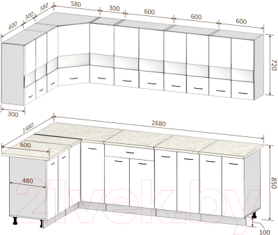 Готовая кухня Кортекс-мебель Корнелия Экстра 1.5x2.7м (белый/береза/королевский опал)