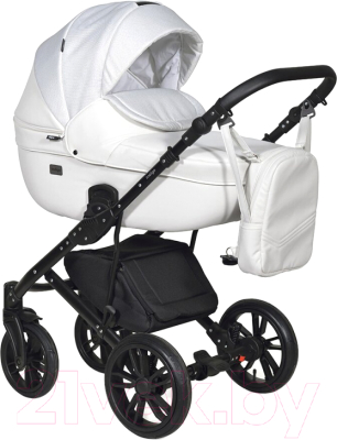 Детская универсальная коляска INDIGO Mio + F 3 в 1 (Mi 01, белая кожа/белый узор)