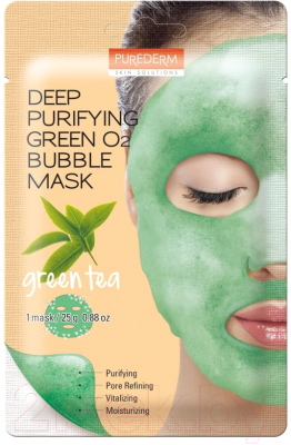 Маска для лица тканевая Purederm Deep Purifying Green O2 Bubble Mask зеленый чай (25г)