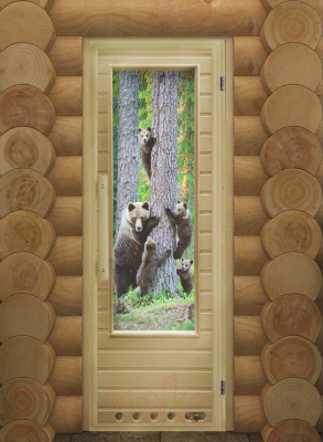 Деревянная дверь для бани Doorwood Элит Мишки с вентиляцией 184х72