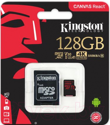 Карта памяти Kingston Canvas React microSDXC (Class10) UHS-I U3 128Gb (SDCR/128GB)