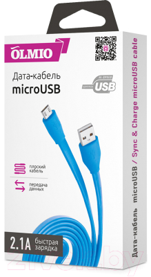 Кабель Olmio USB 2.0 - microUSB 2.1A / 038700 (1м, голубой)