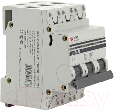 Выключатель автоматический EKF ВА 47-63 3P 16А (C) 4.5kA PROxima / mcb4763-3-16C-pro