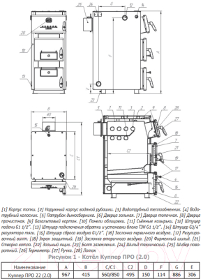 Твердотопливный котел Теплодар Куппер ПРО-22 (2.0) - Монтажные размеры