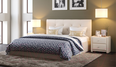 Двуспальная кровать Sofos Женева тип A с ПМ 180x200 (Teos Milk/пуговицы)