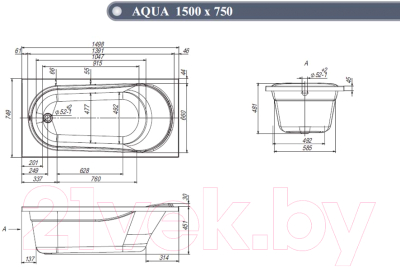 Ванна акриловая Ventospa Aqua 150x75 (с каркасом и экраном)