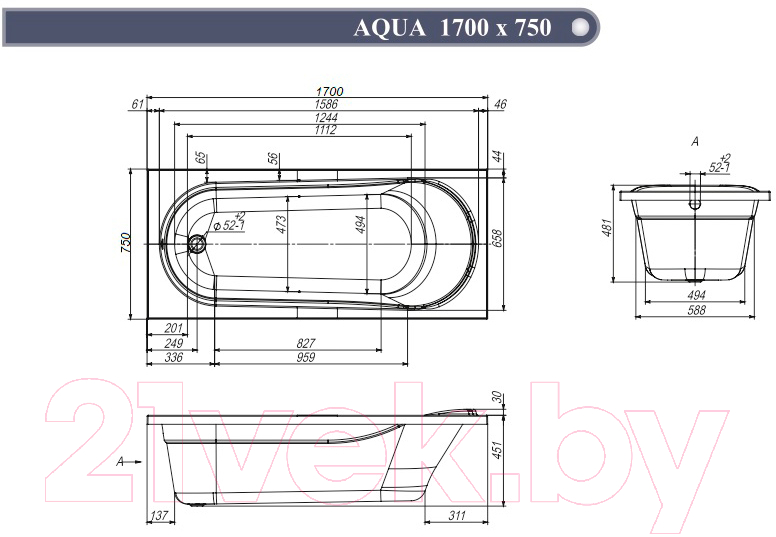 Ванна акриловая Ventospa Aqua 170x75