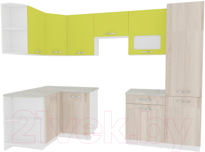 Кухонный гарнитур ВерсоМебель Эко-5 1.3x2.7 левая (ясень шимо светлый/зеленый лайм)