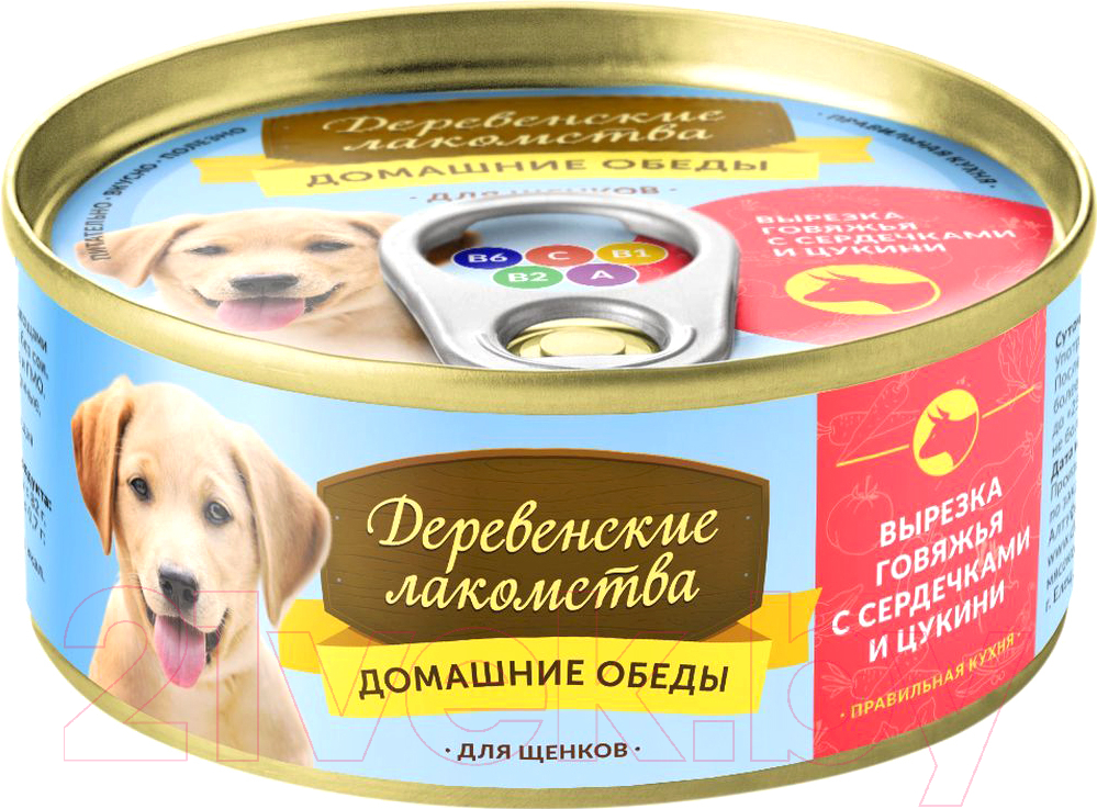Влажный корм для собак Деревенские лакомства Домашние обеды вырезка говяжья с сердечками и цукини (100г)