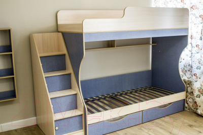 Двухъярусная кровать Можга Капризун 6 с ящиками / Р443 (лен голубой)