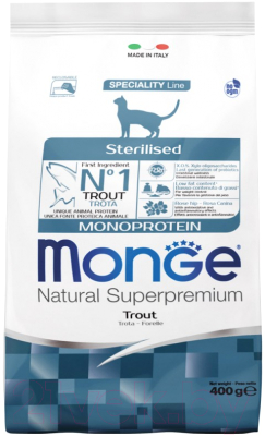 Сухой корм для кошек Monge Monoprotein Sterilized Trout (400г)