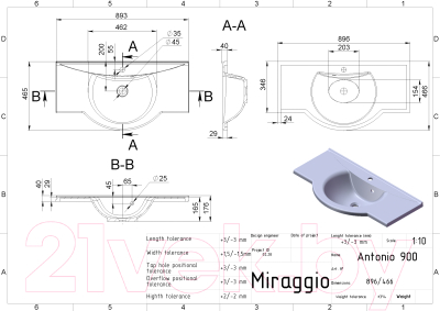 Умывальник Miraggio Antonio Matt 900