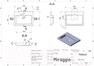 Умывальник Miraggio Midland Matt