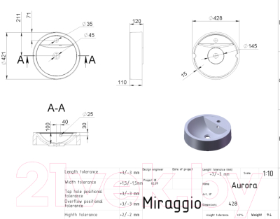 Умывальник Miraggio Aurora Matt