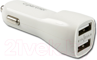 

Зарядное устройство автомобильное PARTNER, Белый, ПР026560 USB 2.1A/2 USB